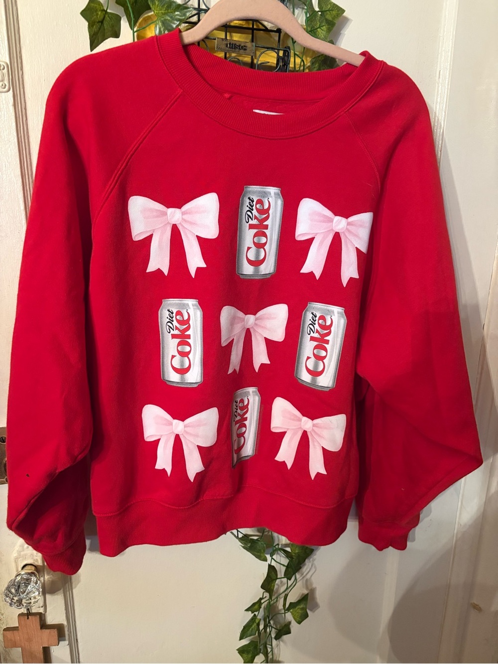 Old Navy Woman’s Red  Sweatshirt with Pink Bow & Soda Can Graphic